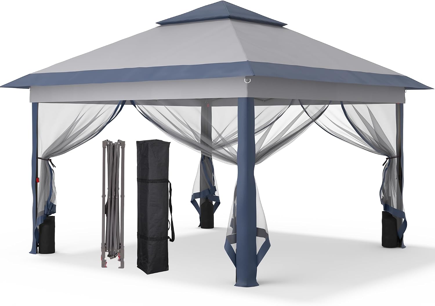 GDY 11x11FT Patio Gazebo with Mosquito Netting, Double Top with 4-Sangbags, Garden, Yard, Grassland, Grey and Navy Blue.