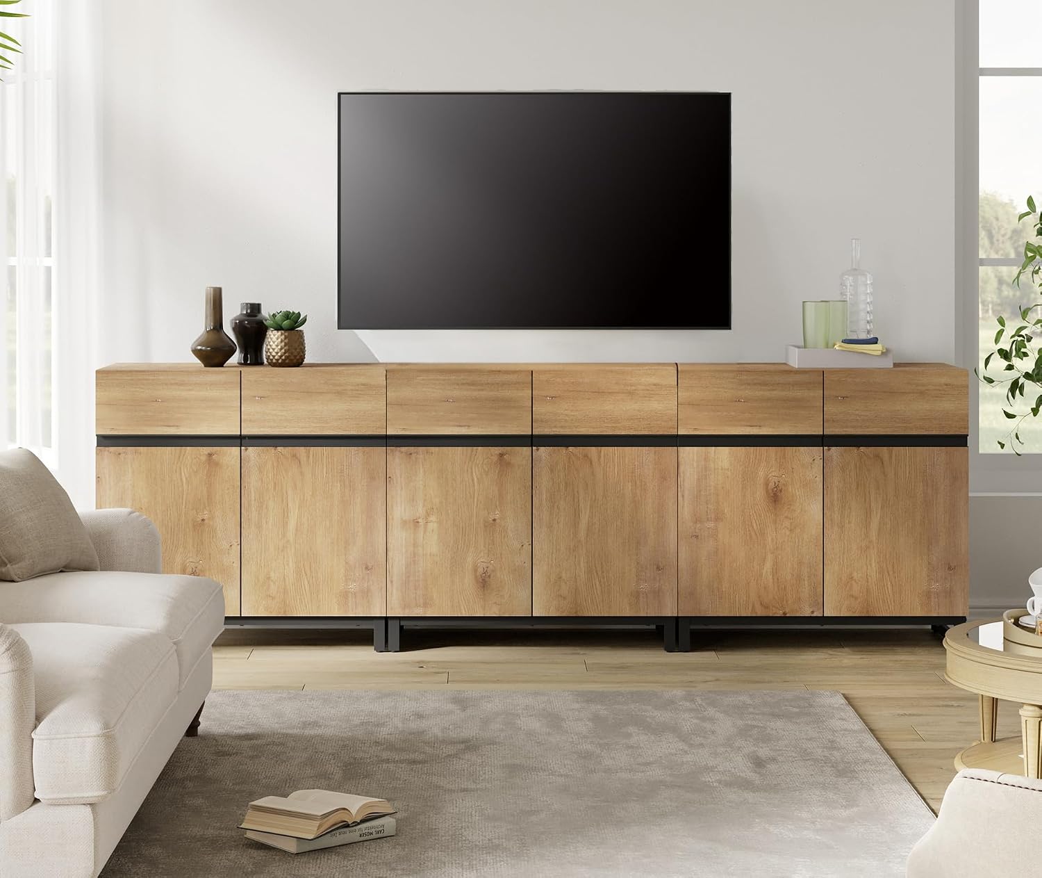 WAMPAT Modern TV Stand for TVs Up to 100 Inch, 3-in-1 Wood Entertainment Center with Adjustable Shelves & Protective Foot Pads, Metal Base Media Console for Living Room, Oak