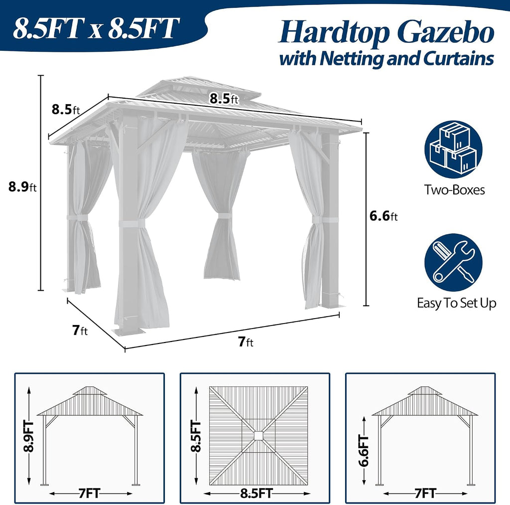 COVERONICS 8.5' x 8.5' Outdoor Hardtop Gazebo - Aluminum Heavy-Duty Double Roof Vented Gazebo with Breathable Netting & Privacy Curtains for Patio, Porch, Garden, Lawn