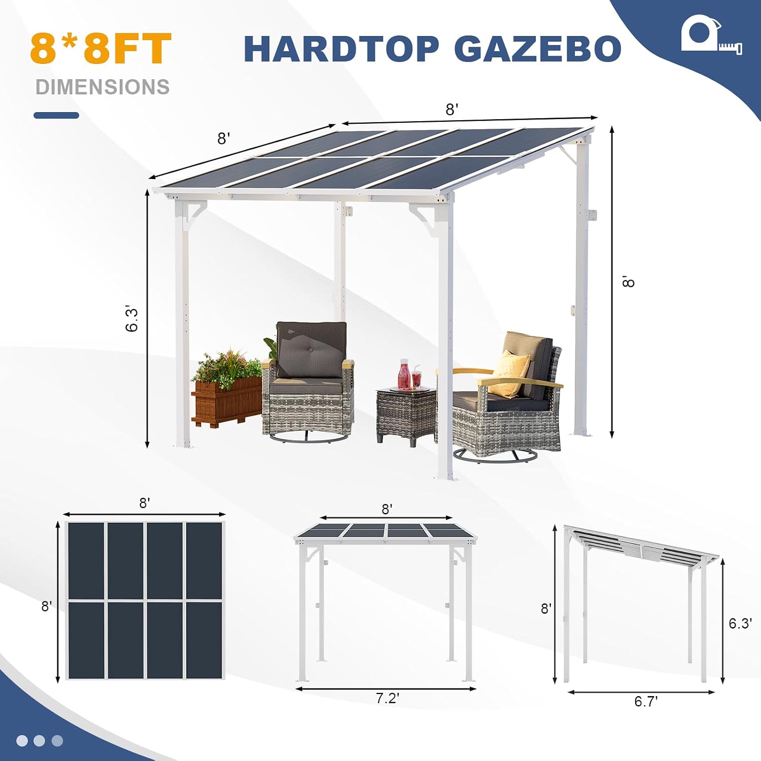 MEISSALIVVE 8' x 8' Wall Mounted Lean to Metal Awnings with Sloped Roof, Outdoor Patio Gazebo Awning for Backyard, Deck, White