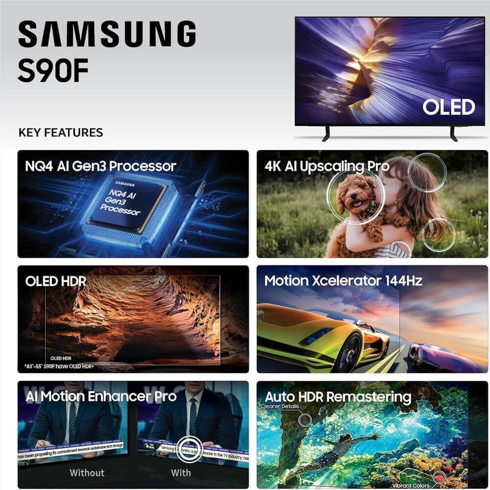 Samsung QN48S90FKIT1 OLED S90F 4K Smart TV Bundle Ultra Thin Design, HDR+, 144Hz Gaming, Alexa Built-in, AI Up