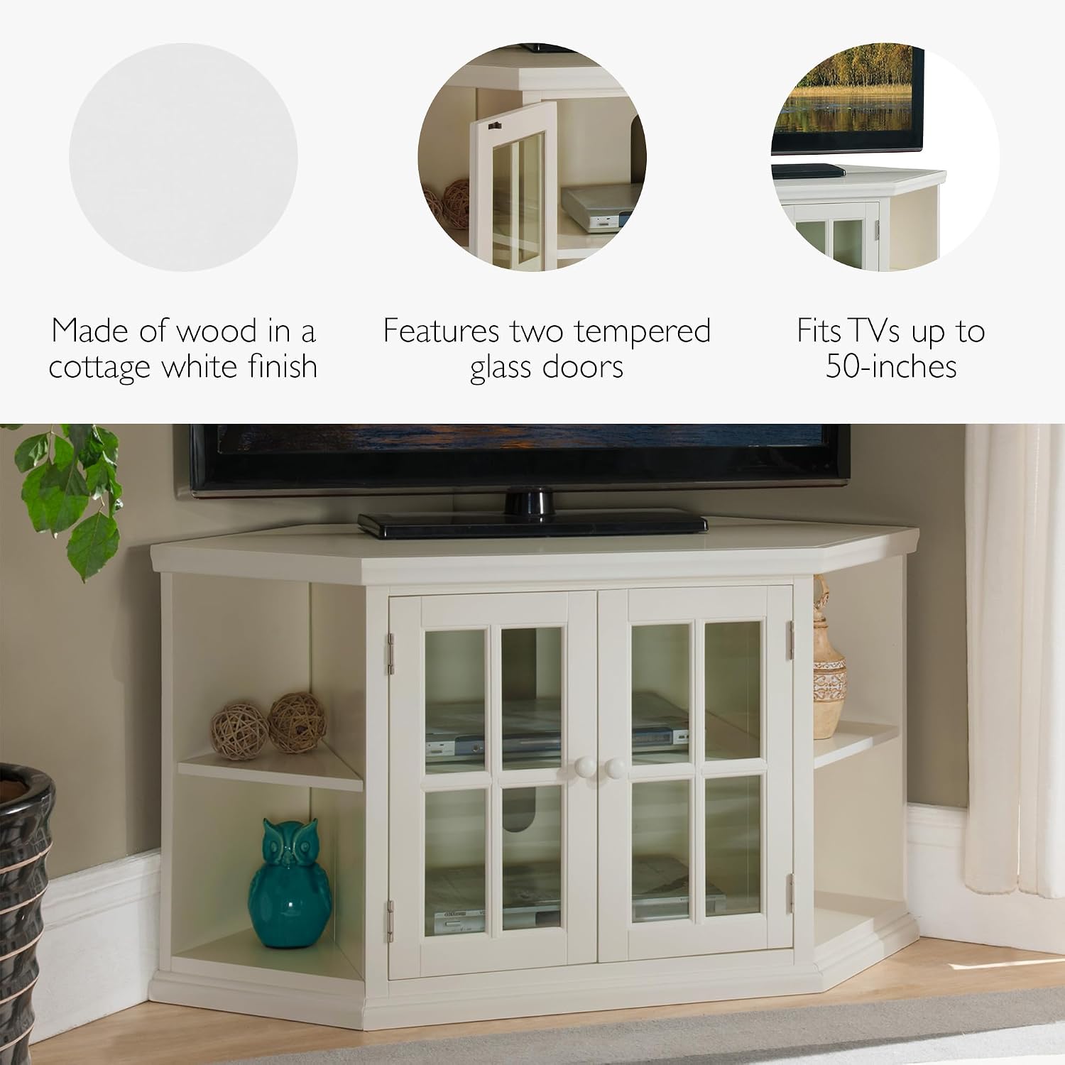 Leick Home Maelyn Corner TV Stand, for 50 in. TV, with Book Cases and Glass Doors, Cottage White, 85287