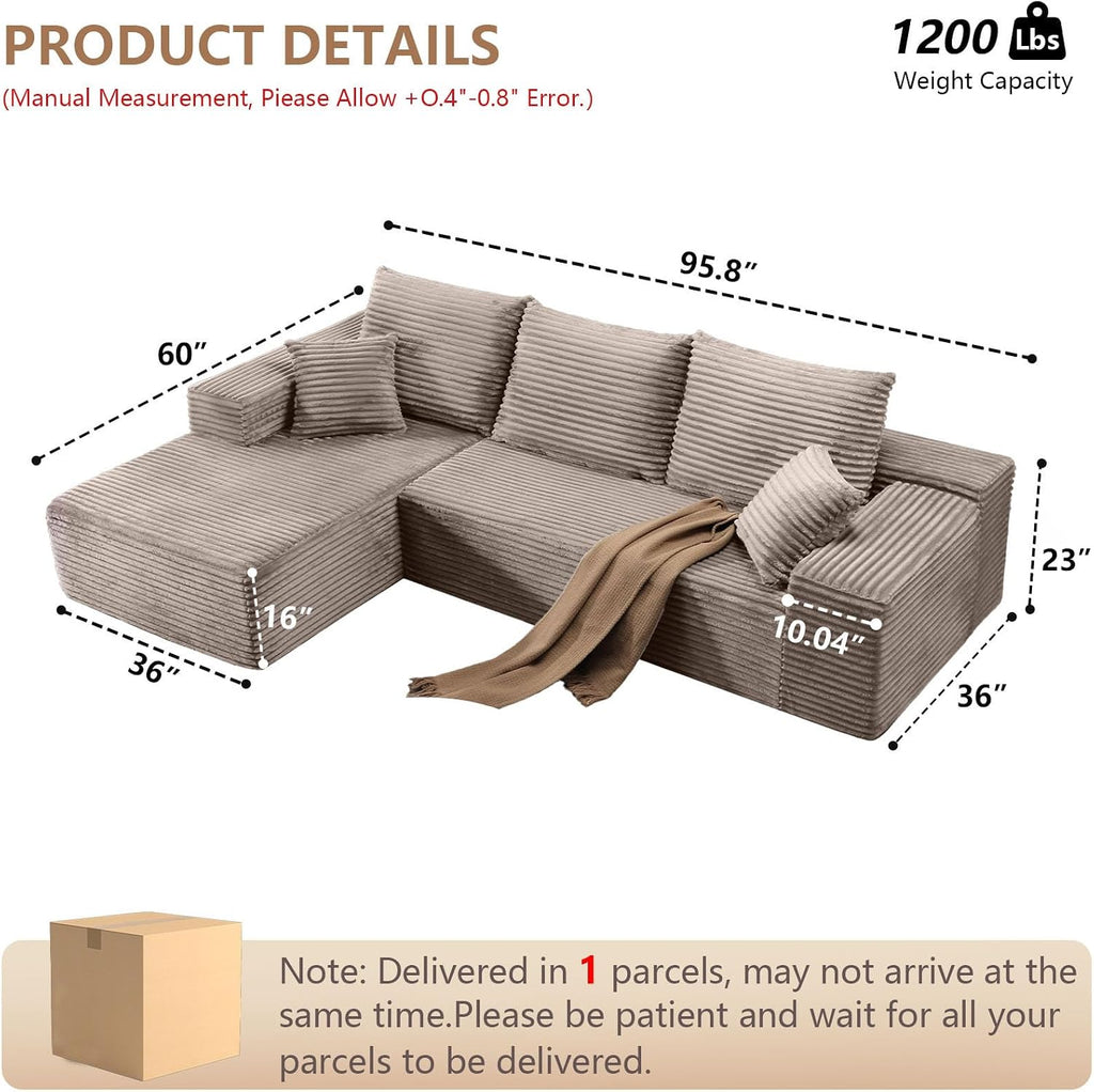 96' Modular Sectional Sofa, Modern Corduroy Cloud Couch with Deep Seat, Boneless Couch Upholstered 3-Seater L-Shaped Sofa for Living Room, No Assembly Required (Camel, Left-Facing Chaise)