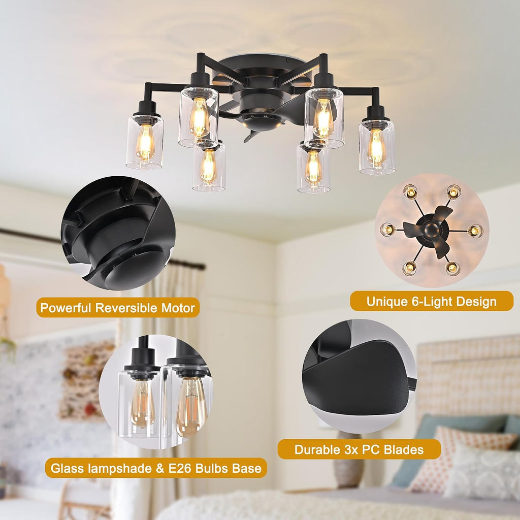 Garwarm 26.4' Ceiling Fans with Lights, Black Flush Mount Ceiling Fan with Lights Remote Control,Low Profile Bladeless Ceiling Fan Light Fixture for Bedroom, Kitchen, Dining Room