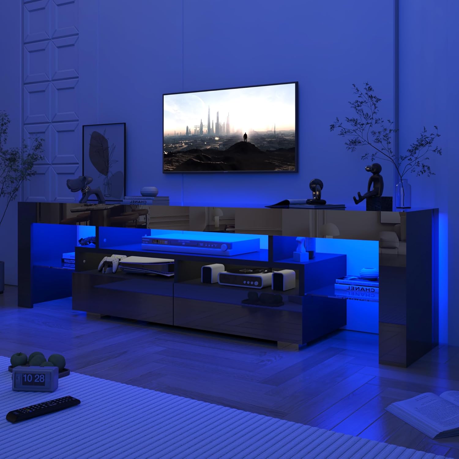 Squireewo TV Stand with 16 Color LED Lights, Media Console with Drawer and Glass Open Shelf for 65/75/85 inch TV, Modern Gloss Entertainment Center for Living Room Bedroom, Black