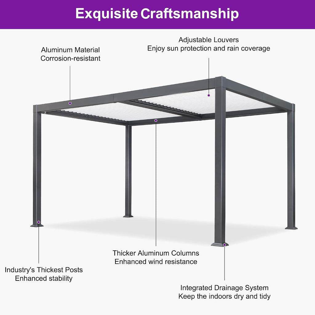 PURPLE LEAF Louvered Pergola 10' x 14' Patio Aluminum Pergola with White Adjustable Rainproof Roof Grey Frame Hardtop Gazebo for Outside Deck Backyard