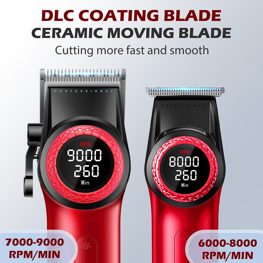 VGR 001 & 977 Professional Hair Clippers for Men, Cordless Barber Clippers and Zero Gap Trimmers Set, DLC Coating Blade Hair Cutting Kit with LED Display, USB Rechargeable Barber Set(Red)