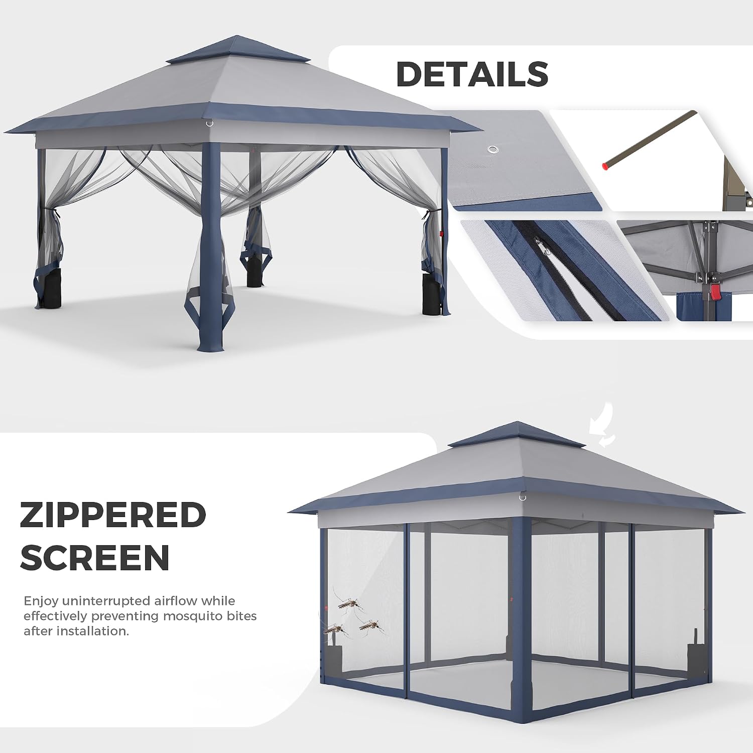 GDY 11x11FT Patio Gazebo with Mosquito Netting, Double Top with 4-Sangbags, Garden, Yard, Grassland, Grey and Navy Blue.