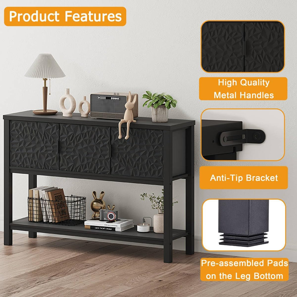 FATORRI Black Console Table with Storage, 47' Modern Farmhouse Entryway Table with 3 Geometric Doors, Sofa Table for Hallway, Living Room, Foyer