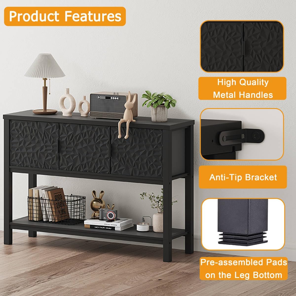 FATORRI Black Console Table with Storage, 47' Modern Farmhouse Entryway Table with 3 Geometric Doors, Sofa Table for Hallway, Living Room, Foyer