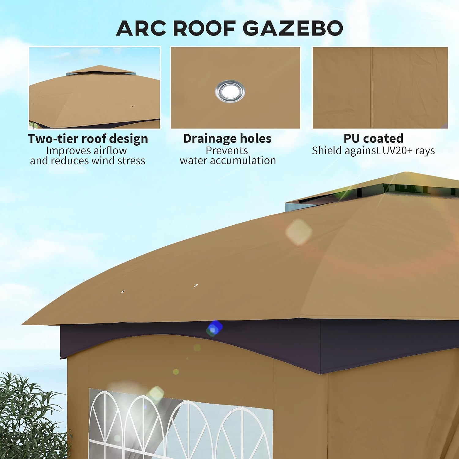 Outsunny 11' x 11' Outdoor Gazebo, Arc Patio Gazebo Canopy Shelter, UV Protected, with Curtains, Church Windows, Double Roof, Galvanized Steel Frame for Lawn, Backyard and Deck, Beige