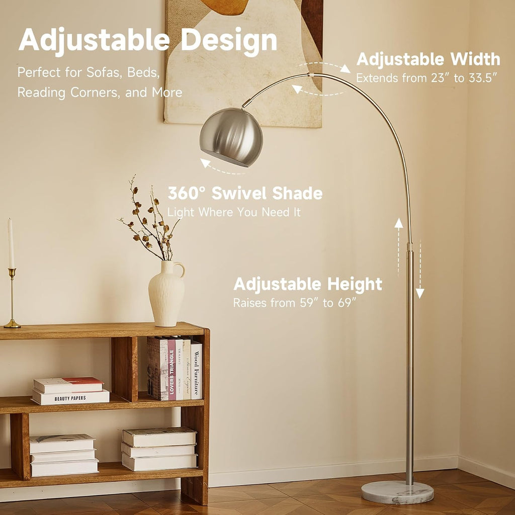 CO-Z Modern Floor Lamp for Living Room, Brushed Nickel Arc Floor Lamp with LED Bulb, Marble Base Contemporary Tall Lamp for Living Room Couch Sofa, Height Up to 69 Inch