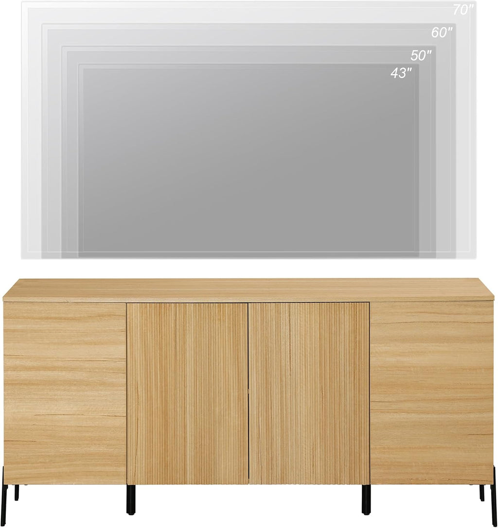 WAMPAT 61.6' TV Stand Cabinets for TVs up to 70 Inches, Entertainment Center with Storage Cabinets and 4 Doors, Mid Century Modern Media TV Console Table for Living Room Bedroom, Oak