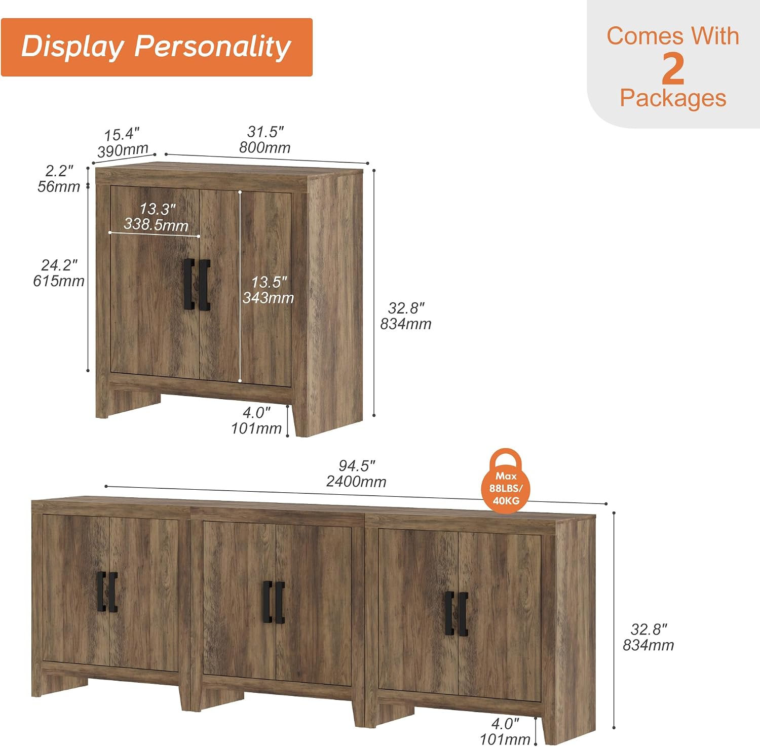 WAMPAT Farmhouse TV Stand for TVs up to 85 Inch, Rustic Wood Entertainment Center & Media Console with 6 Storage Doors, Accent Cabinet for Living Room, Hallway, Rustic Brown