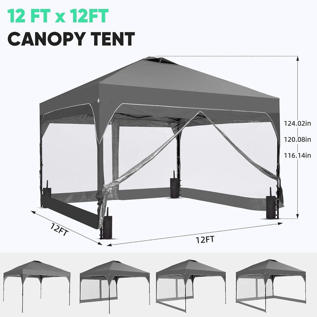GDY 12x12 FT Pop Up Canopy Tent with One Push Setup,Setup Gazebo with 4 PVC Transparent Sidewalls,Easy Carry for Events, Parties, Camping,Grey.