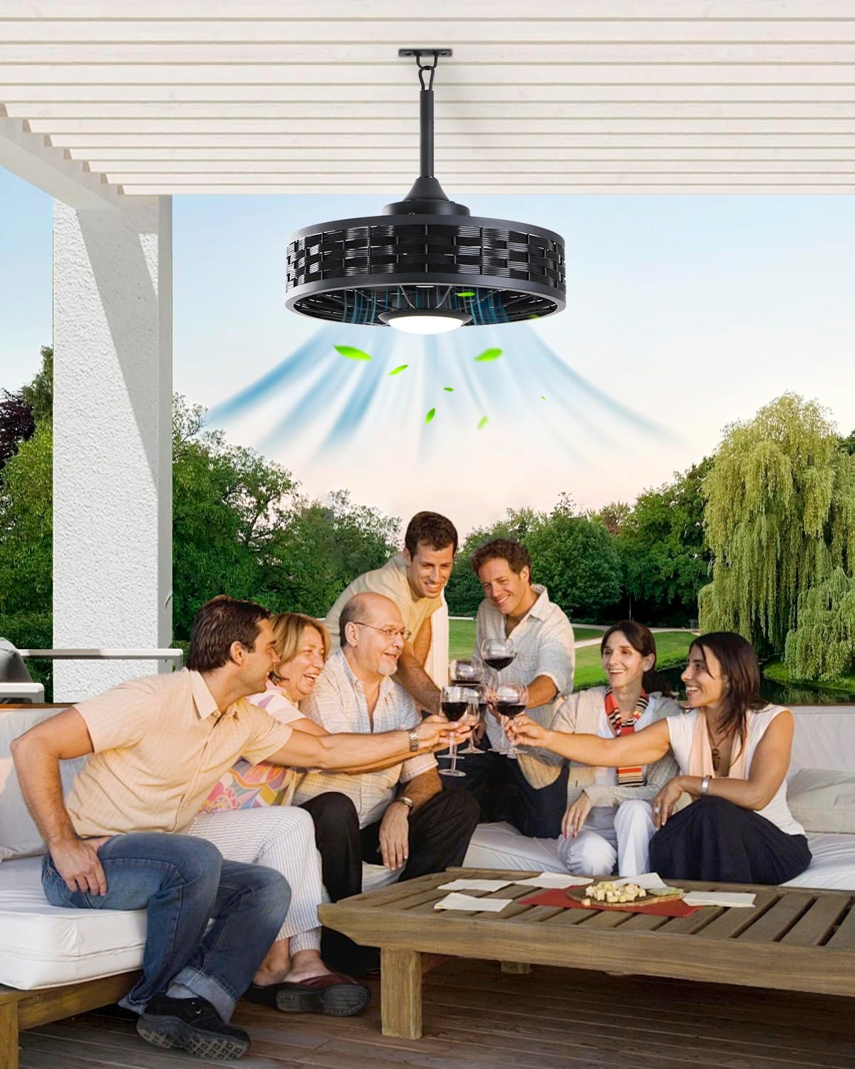 Outdoor Ceiling Fans with Light for Patios, 20' Weatherproof Gazebo Fan with Hanging Hook, Remote Control & APP, 6 Speeds, 3CCT, Caged Plug in Ceiling Fan for Patio