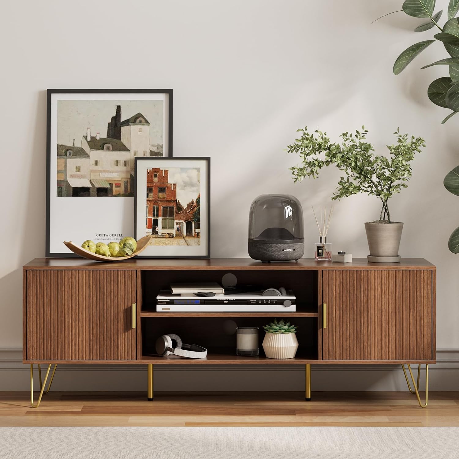 TV Stand for 55-65 Inch TV, Entertainment Center with Soft Hinge Door,TV Console Table with 2 Cabinets with Gold Handle and Feet,for Living Room, Bedroom, Walnut