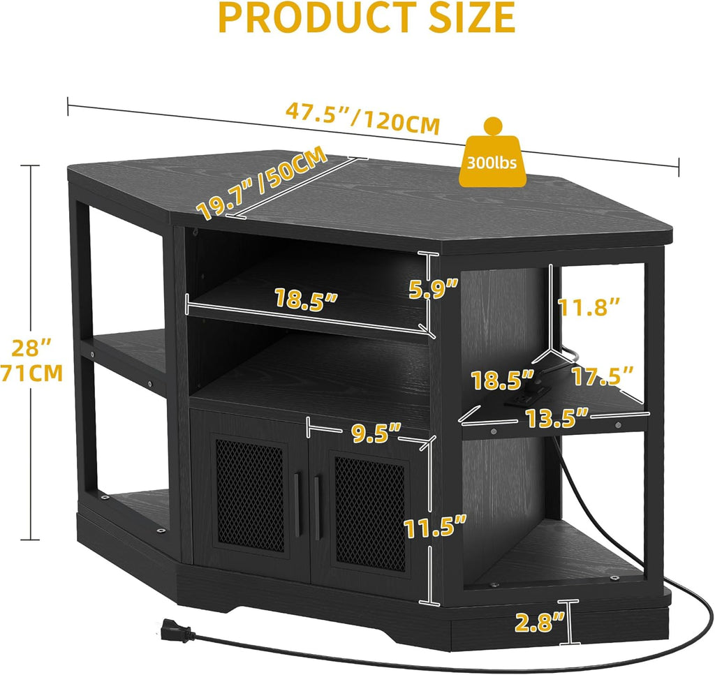 DWVO Corner TV Stand for 50 Inch TV, Farmhouse TV Stands for Living Room, Black Entertainment Center with Storage & Power Outlets, Wood TV Console Cabinet, Black