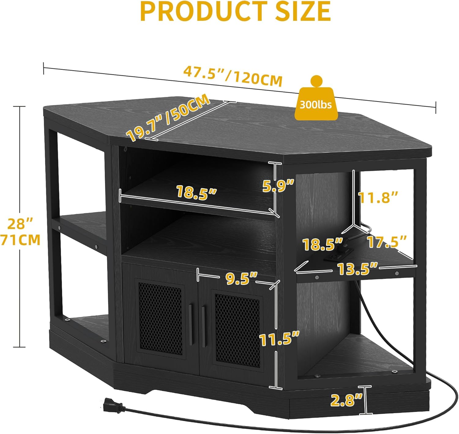 DWVO Corner TV Stand for 50 Inch TV, Farmhouse TV Stands for Living Room, Black Entertainment Center with Storage & Power Outlets, Wood TV Console Cabinet, Black