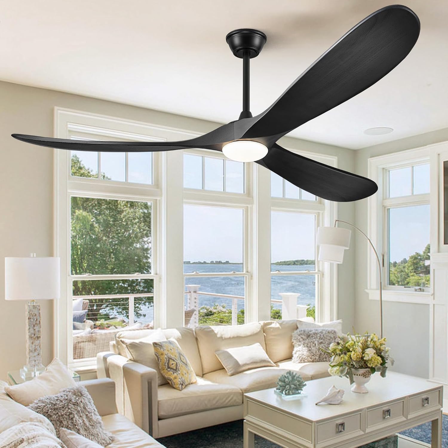 60' Ceiling Fans with Lights and Remote Control, Outdoor Ceiling Fan with Lights High CFM Quiet 3 Blades Propeller Wood Ceiling Fan for Patio,Porch,Farmhouse,Gazebo,Matte Black