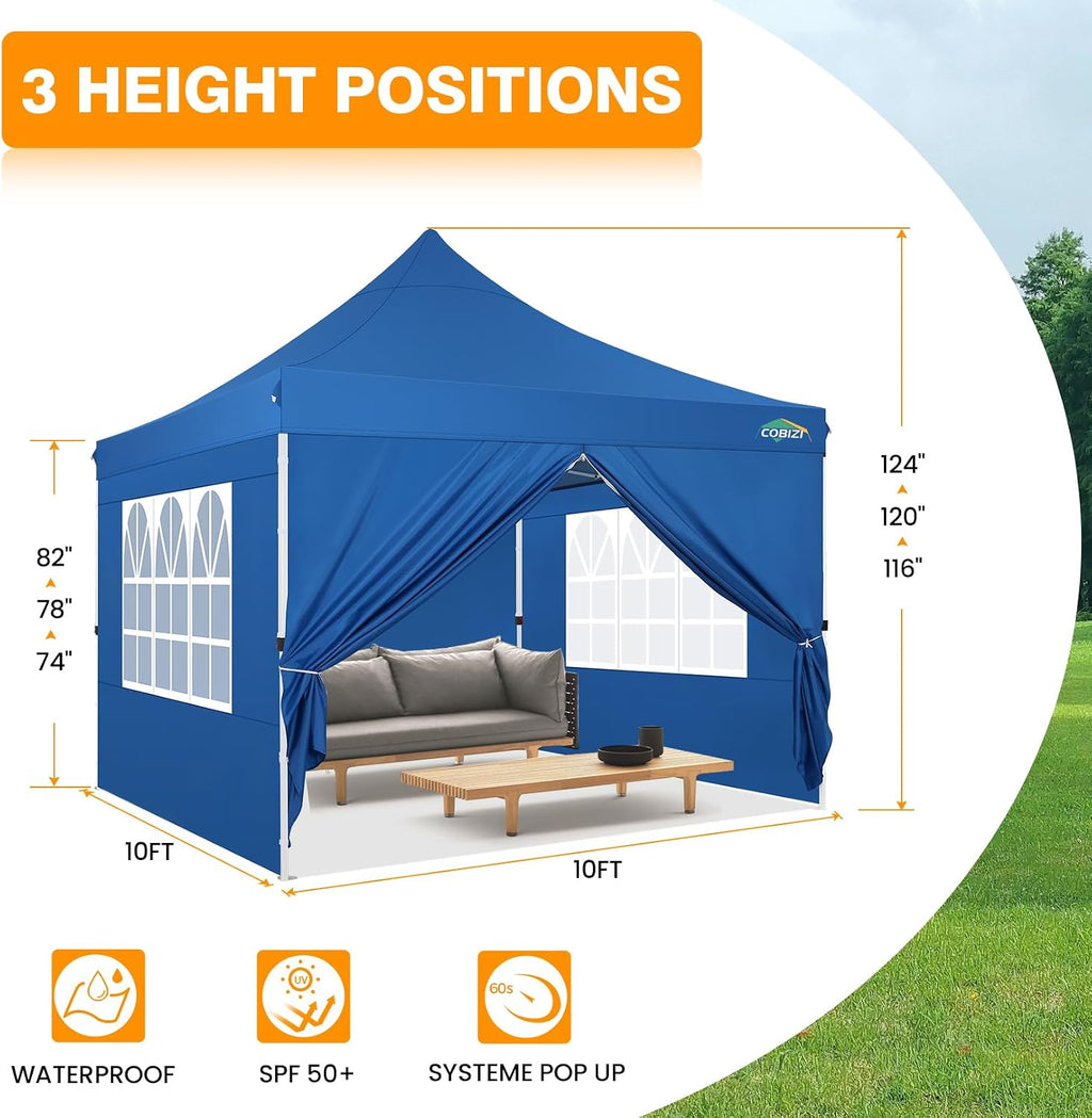COBIZI 10x10 Pop Up Canopy with 4 Sidewalls, Pop up Tent 10x10 for Parties, Backyard, Commercial, Waterproof and Portable Instant Shelter UV50+ Ez Outdoor Canopy Gazebo with 4 Sandbags
