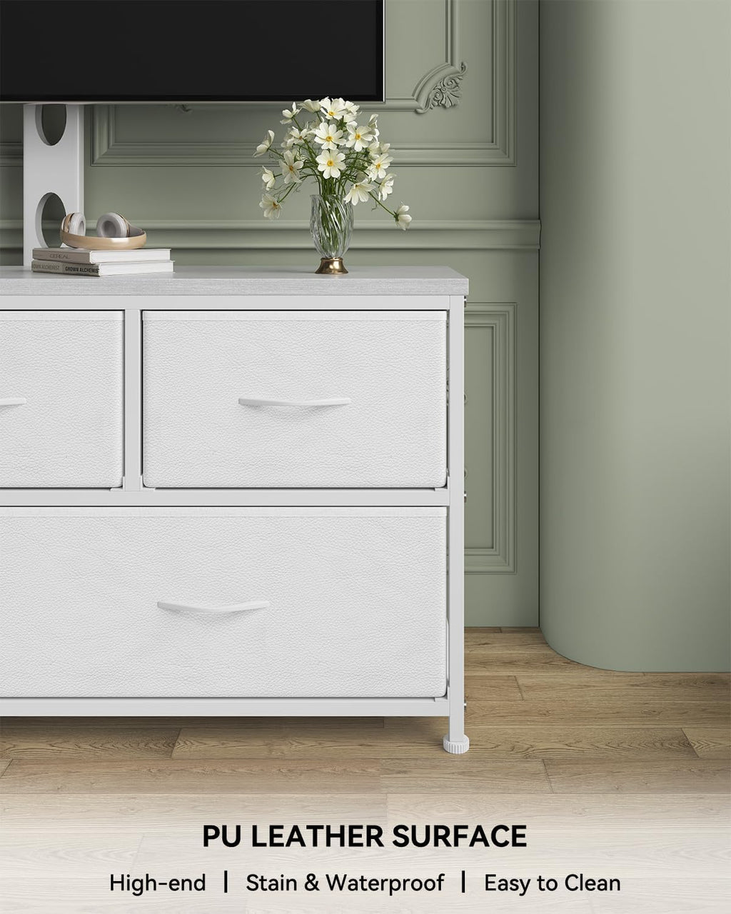 TV Stand with Mount, Fabric Dresser with 5 Drawers for 32/45/55/60/65/75 inch TVs, White Dresser Entertainment Center, Modern Media TV Console Table