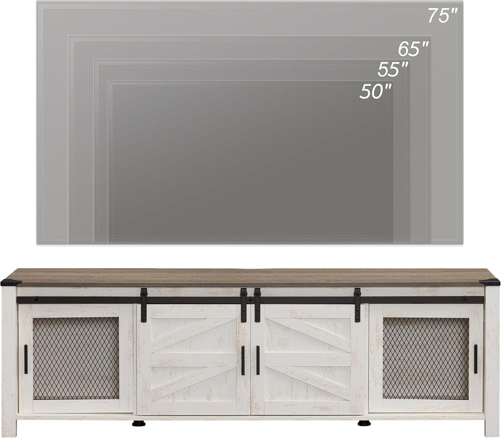 WAMPAT 70' Farmhouse TV Stand with Mesh Doors, Entertainment Center for 75' TV, Adjustable Shelves, 2 Storage Cabinets, Console Table for Living Room, Rustic Oak and White