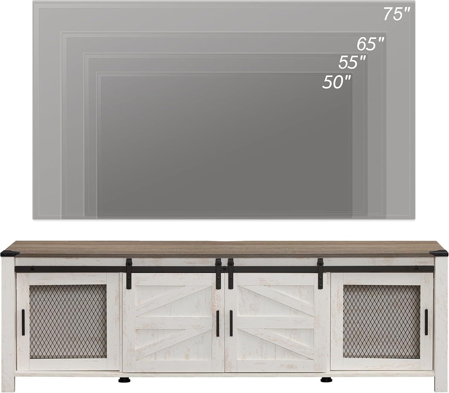 WAMPAT 70' Farmhouse TV Stand with Mesh Doors, Entertainment Center for 75' TV, Adjustable Shelves, 2 Storage Cabinets, Console Table for Living Room, Rustic Oak and White