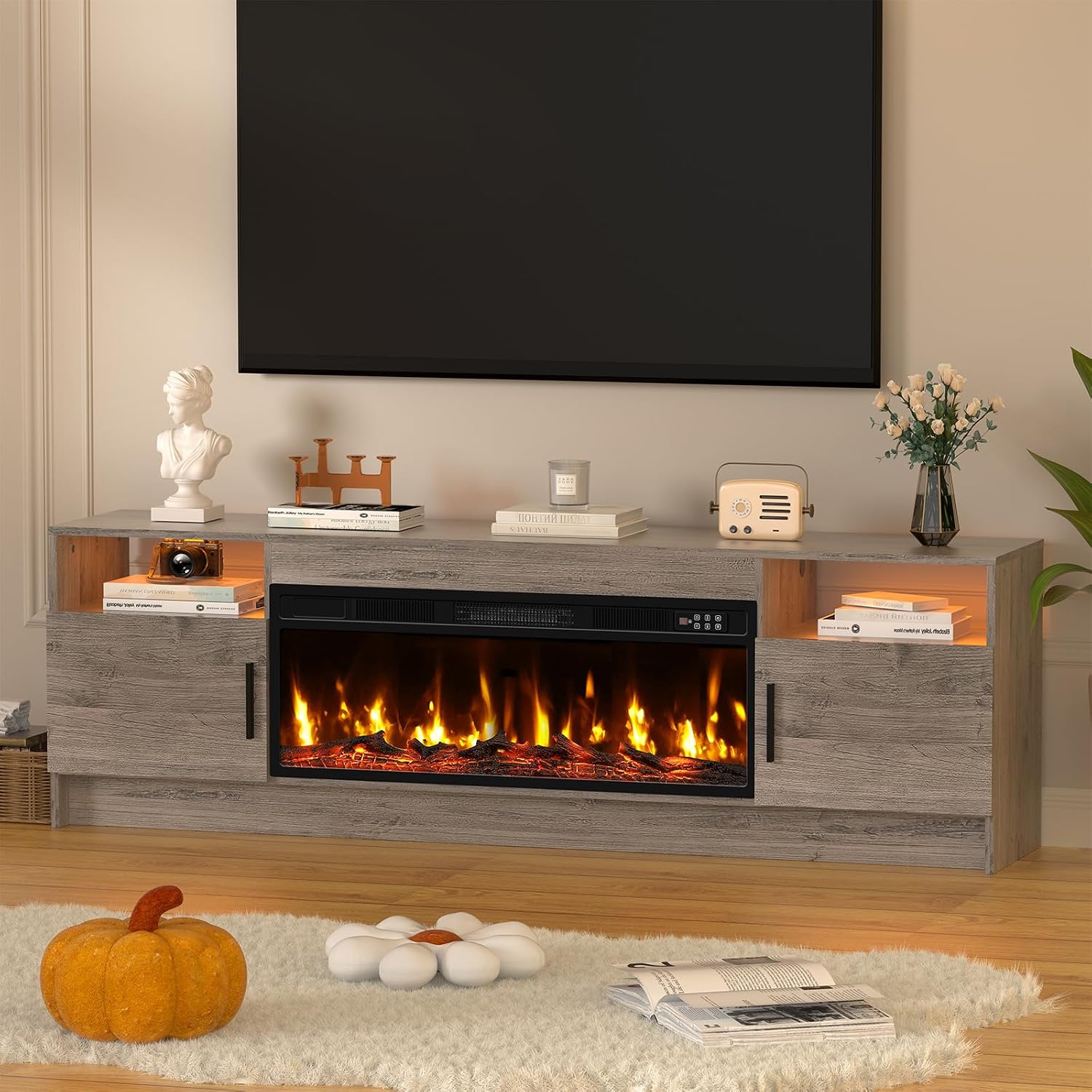 Kucreiheat Fireplace TV Stand for 65-80 inch TV, Large Entertainment Center with Fireplace & LED Lights,High Gloss Living Room Storage Cabinet, Grey, 70''(Log)