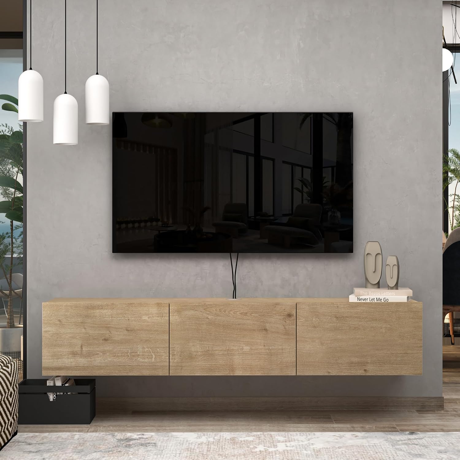 Floating TV Stand for 75-80 Inch TV, 63' Wall Mounted TV Stand with Storage Cabinet, Floating Entertainment Center with Cable Management Hole, Oak Wood Grain Floating Media Console for Living Room
