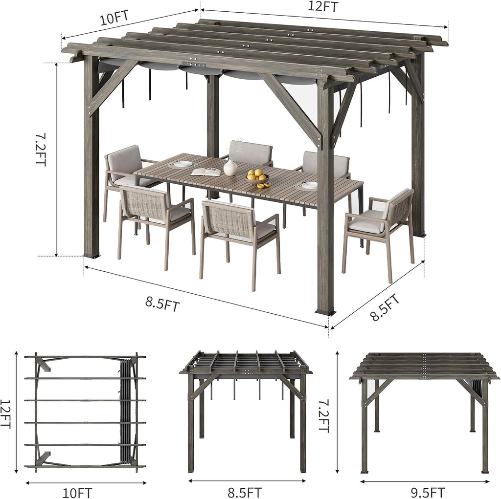 10x12 Ft Outdoor Spruce Wooden Gazebo Pergola with Canopy and Installation Kit, Premium Support Structure, Wind and Snow Resistant, Modern Outdoor Extendable Gazebo for Porches, Vines and Decks