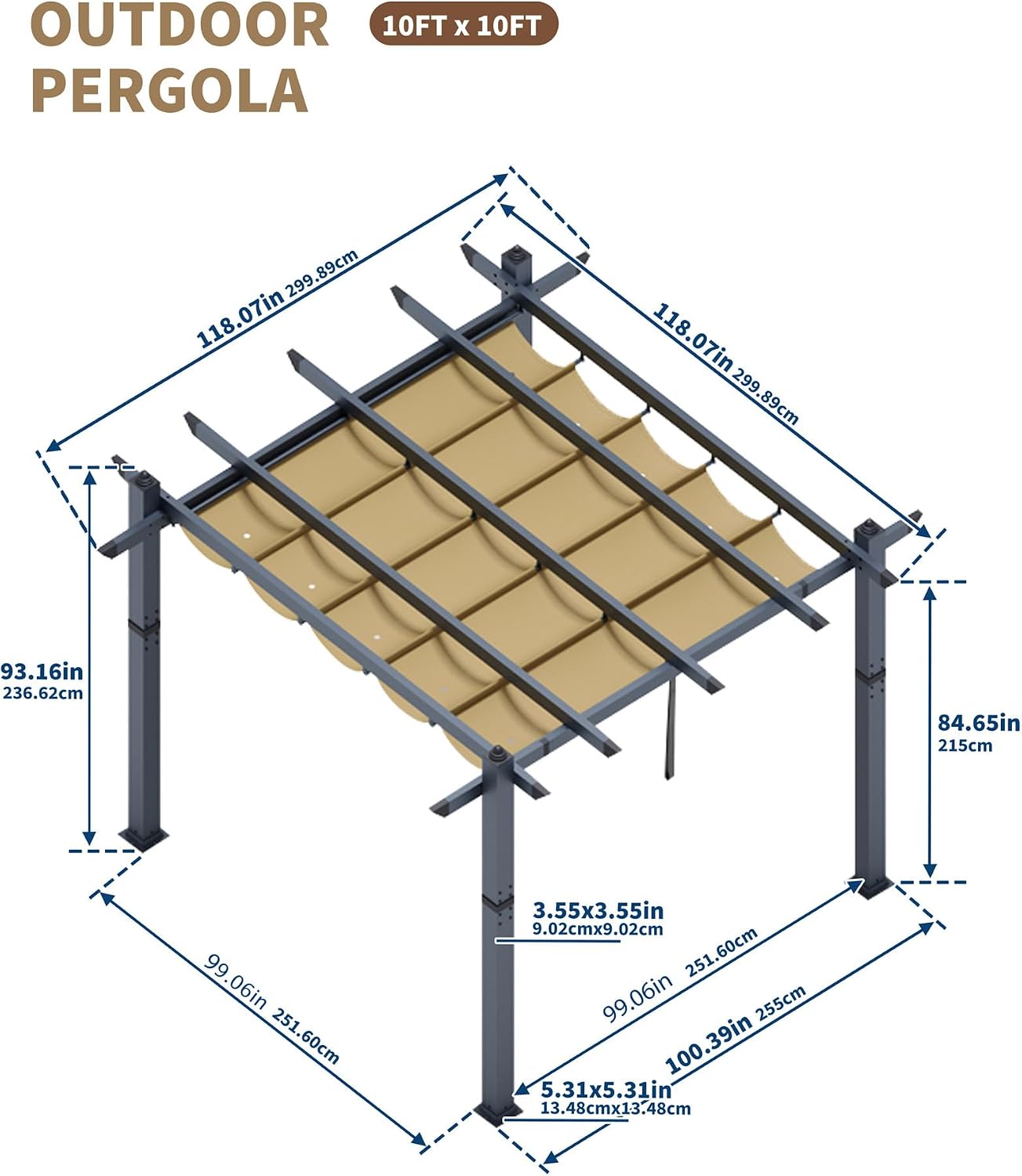 Garvee 10x10 ft Outdoor Pergola Metal Gazebo with Retractable Canopy for Patio Backyard Deck Porch Grape Trellis(Khaki)
