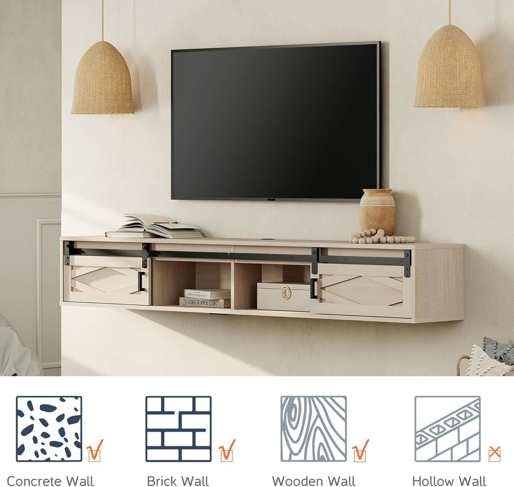 WAMPAT Floating TV Stand for TVs up to 80 Inch, Wood Entertainment Center with Charging Station, Sliding Barn Door Floating TV Shelf for Living Room,Oak