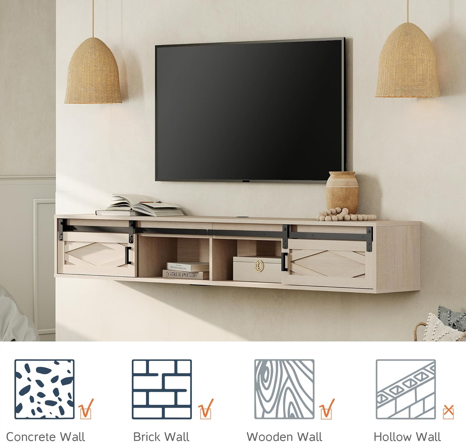 WAMPAT Floating TV Stand for TVs up to 80 Inch, Wood Entertainment Center with Charging Station, Sliding Barn Door Floating TV Shelf for Living Room,Oak