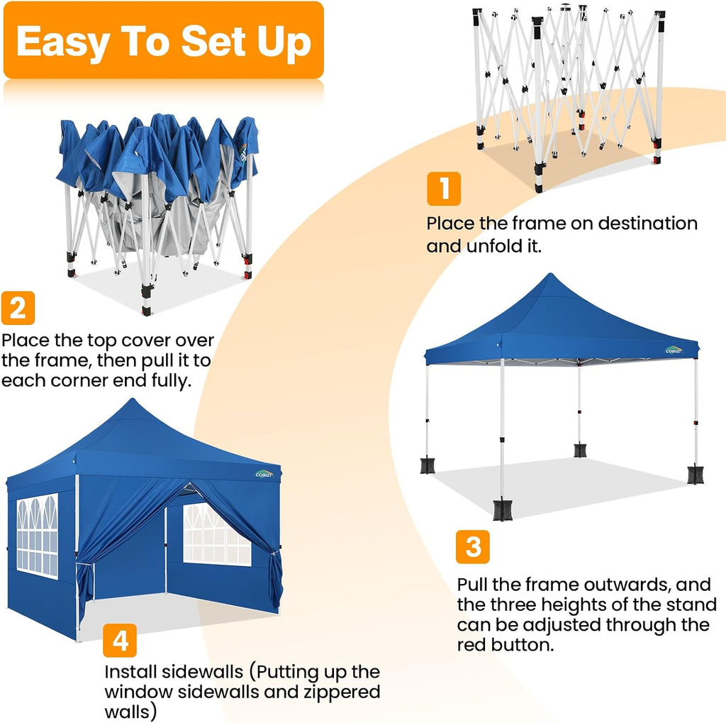 COBIZI 10x10 Pop Up Canopy with 4 Sidewalls, Pop up Tent 10x10 for Parties, Backyard, Commercial, Waterproof and Portable Instant Shelter UV50+ Ez Outdoor Canopy Gazebo with 4 Sandbags