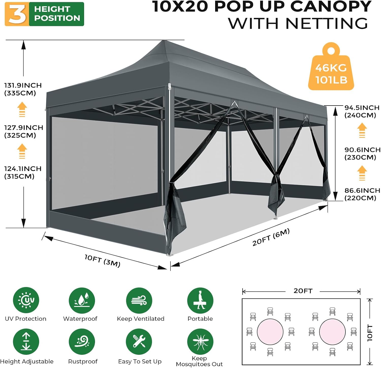 COBIZI 10x20 Heavy Duty Pop Up Canopy Tent with 6 Sidewalls, Easy Set Up Outdoor Waterproof Screen Commercial Party Tent with Mosquito Netting for Parties Backyard Patio, Roller Bag, Gray