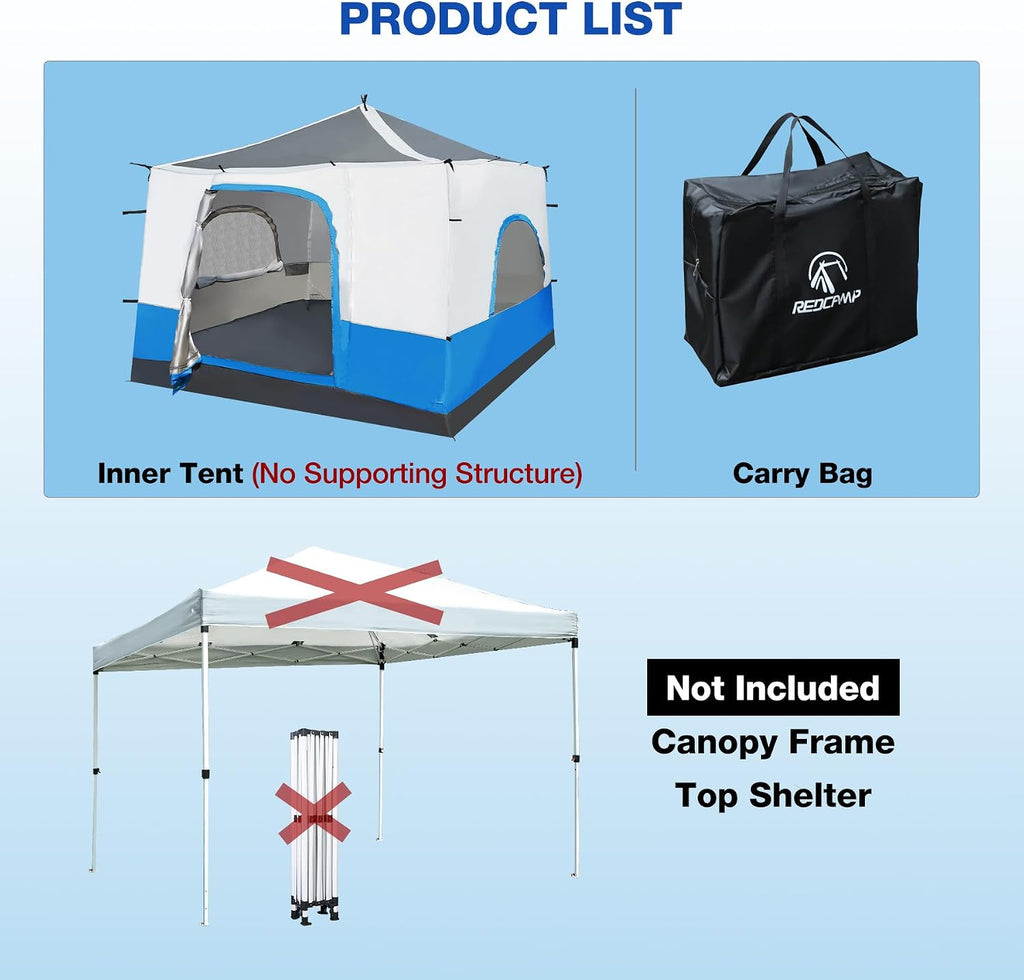 REDCAMP Canopy Camping Tent for Pop Up Canopy Tent, Inner Tent Converts Straight Leg 10'x10' or 10'x20' Canopy into Camping Tent, Fits 4-6 Person(Frame/Shelter NOT Included)