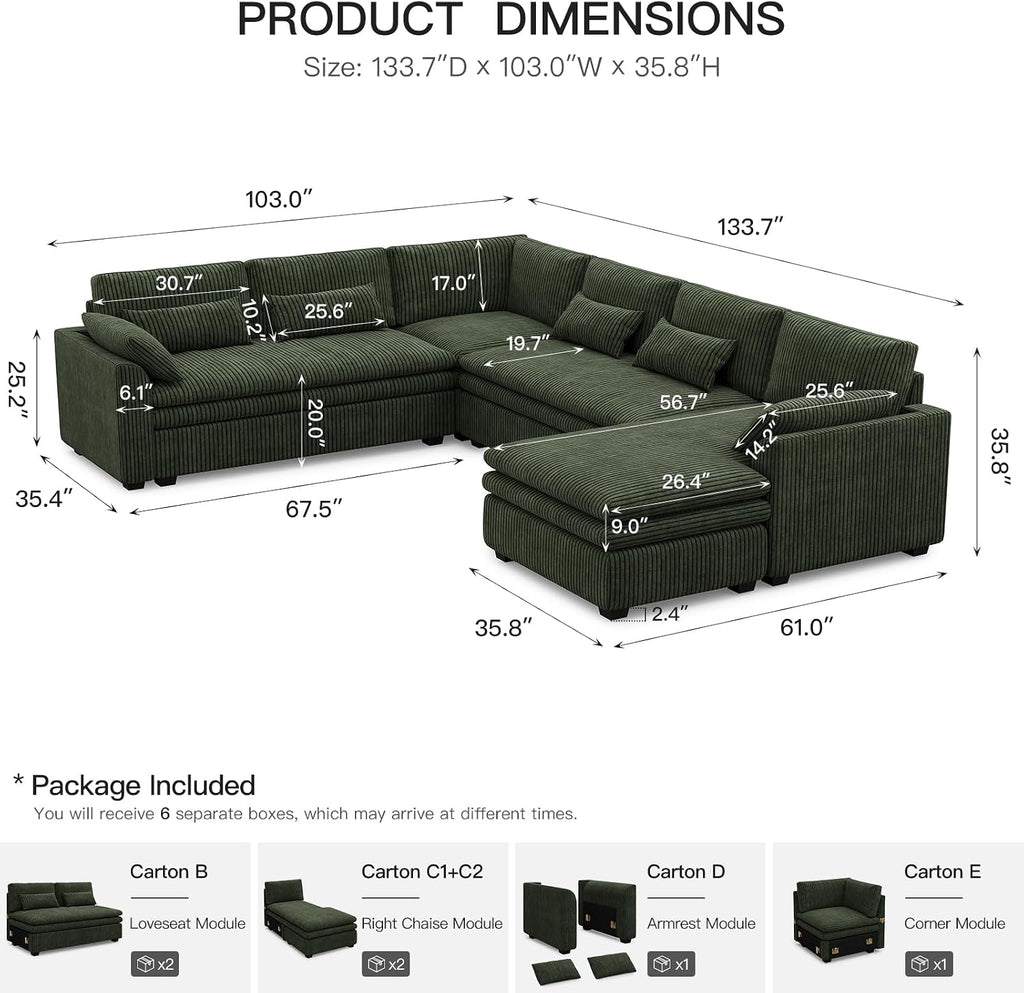 Belffin Large Modular Sectional Sofa with Deep Chaise, Corduroy U Shaped Couch with 9' Soft Dual-Layer 7 Seats Cushion for Living Room, Apartment, Green