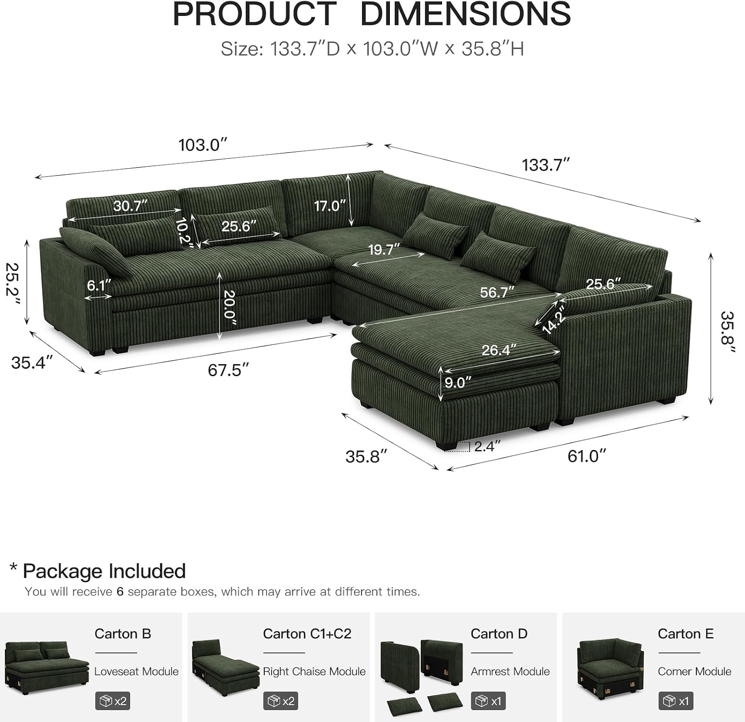 Belffin Large Modular Sectional Sofa with Deep Chaise, Corduroy U Shaped Couch with 9' Soft Dual-Layer 7 Seats Cushion for Living Room, Apartment, Green