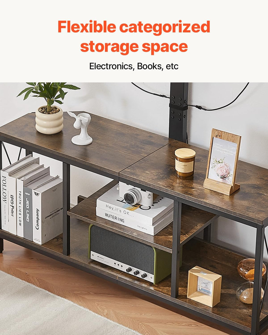 VEVOR 45' TV Stand with Mount for up to 75 in TVs, Entertainment Center with Power Outlet & LED Lights, Height Adjustable TV Console with Mount with 3 Tiers Storage Cabinets for Bedroom, Living Room