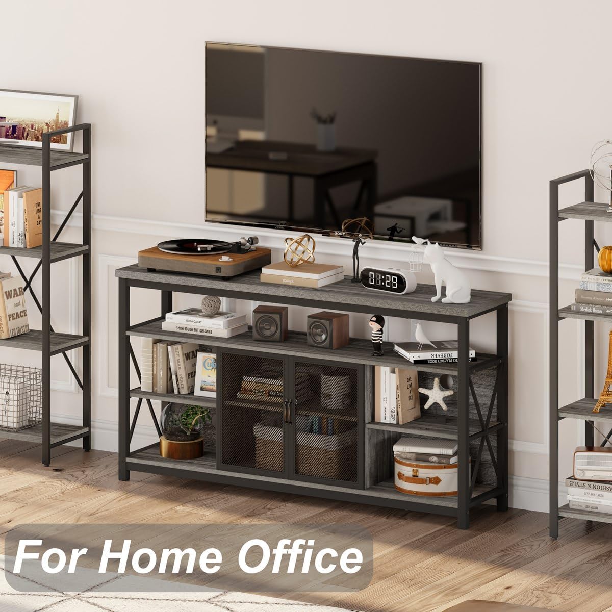 BON AUGURE Tall TV Stand for TVs up to 65 Inch, Industrial Entertainment Center with Storage Cabinet, Rustic Wood Media Console Table for Living Room and Bedroom (32 Inch High, Grey Oak)