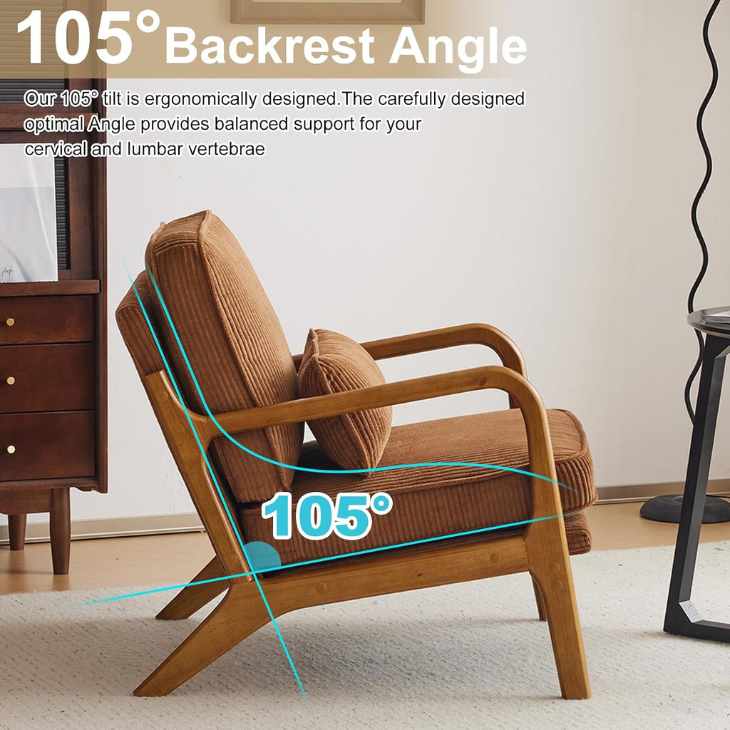 Karl home Mid-Century Modern Accent Chair, Living Room Chairs with Pillow Corduroy Upholstered Lounge Armchair with Solid Wood Frame & Soft Cushion for Bedroom, Reading Room, Brown