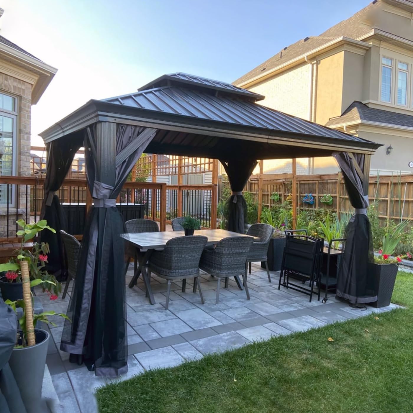 Domi 10x14 Outdoor Gazebo, Hardtop Gazebo with Aluminum Frame, Heavy Duty Pavilion Gazebo for Patio Deck Backyard, Curtain and Netting Included, Grey