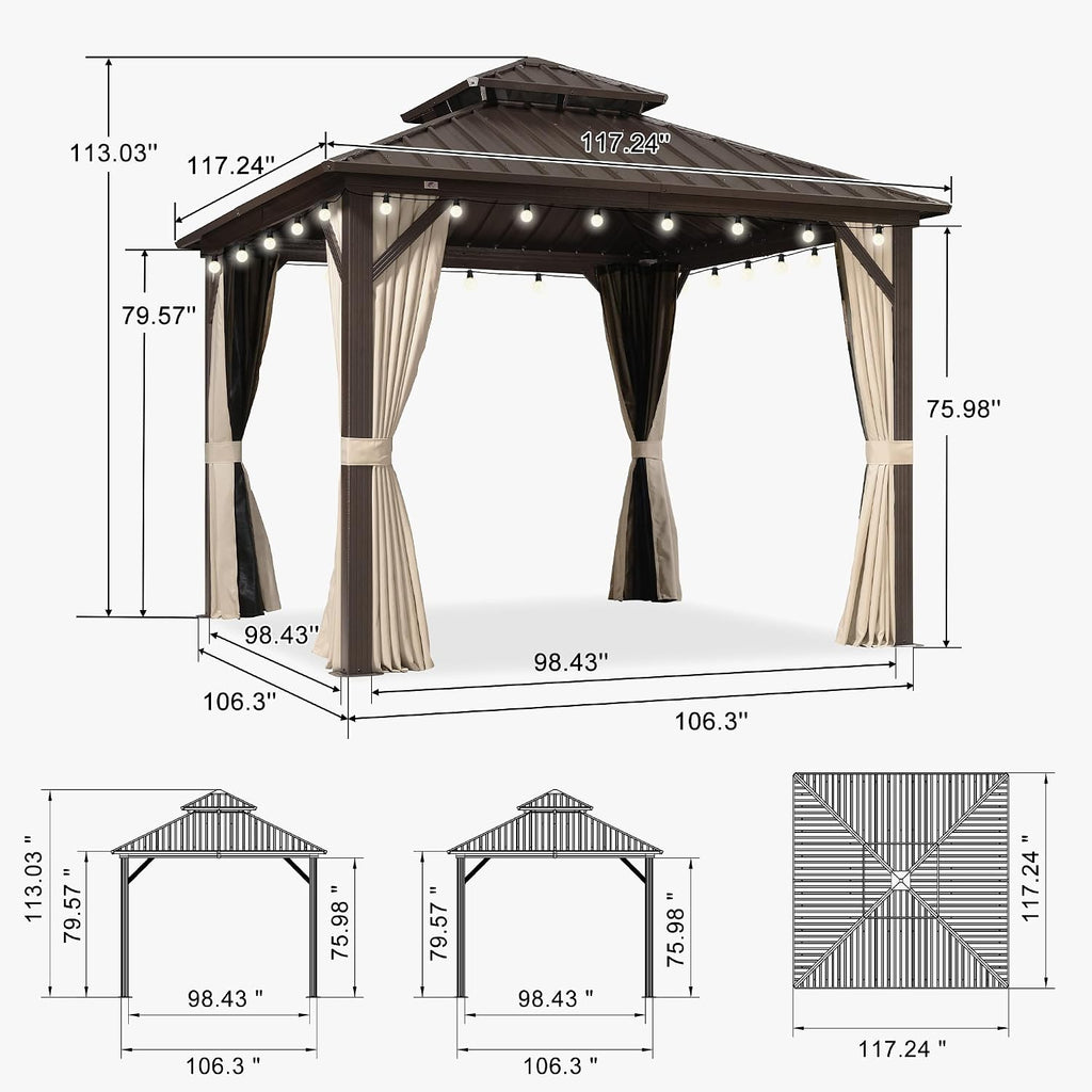 PURPLE LEAF 10' X 10' Hardtop Gazebo Outdoor Gazebos Metal Frame Galvanized Steel Double Roof with Curtains and Nettings for Patio Desk Backyard Bronze