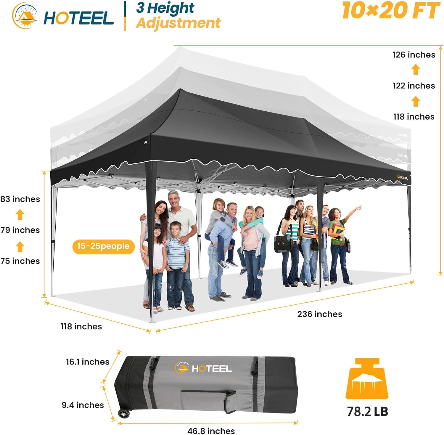 HOTEEL 10x20 Pop up Canopy Tent with 6 Removable Sidewalls, Wave Hem Roof 10x20 Canopy with Wheel Bag and 4 Sandbag, Commercial Pop up Tent Waterproof Sunshade for Market Wedding Party Stall (Black)