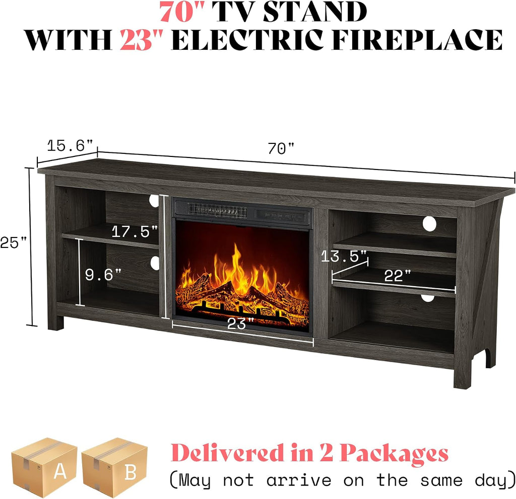 AMERLIFE Fireplace TV Stand, Wood Texture Entertainment Center with 23' Electric Fireplace, Farmhouse Entertainment Stand Media TV Console for TVs Up to 80', 70 inches, Rustic Grey
