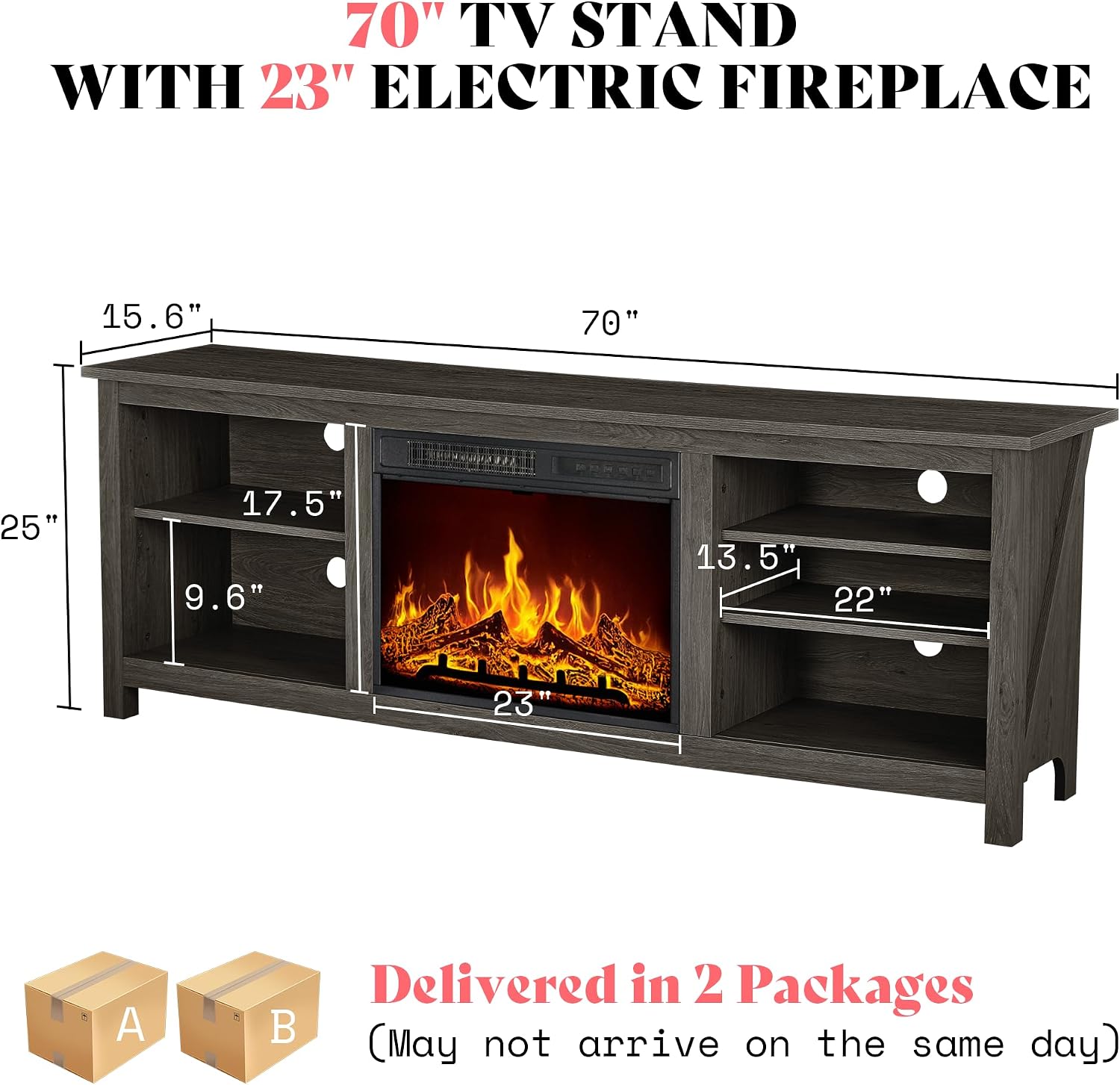 AMERLIFE Fireplace TV Stand, Wood Texture Entertainment Center with 23' Electric Fireplace, Farmhouse Entertainment Stand Media TV Console for TVs Up to 80', 70 inches, Rustic Grey