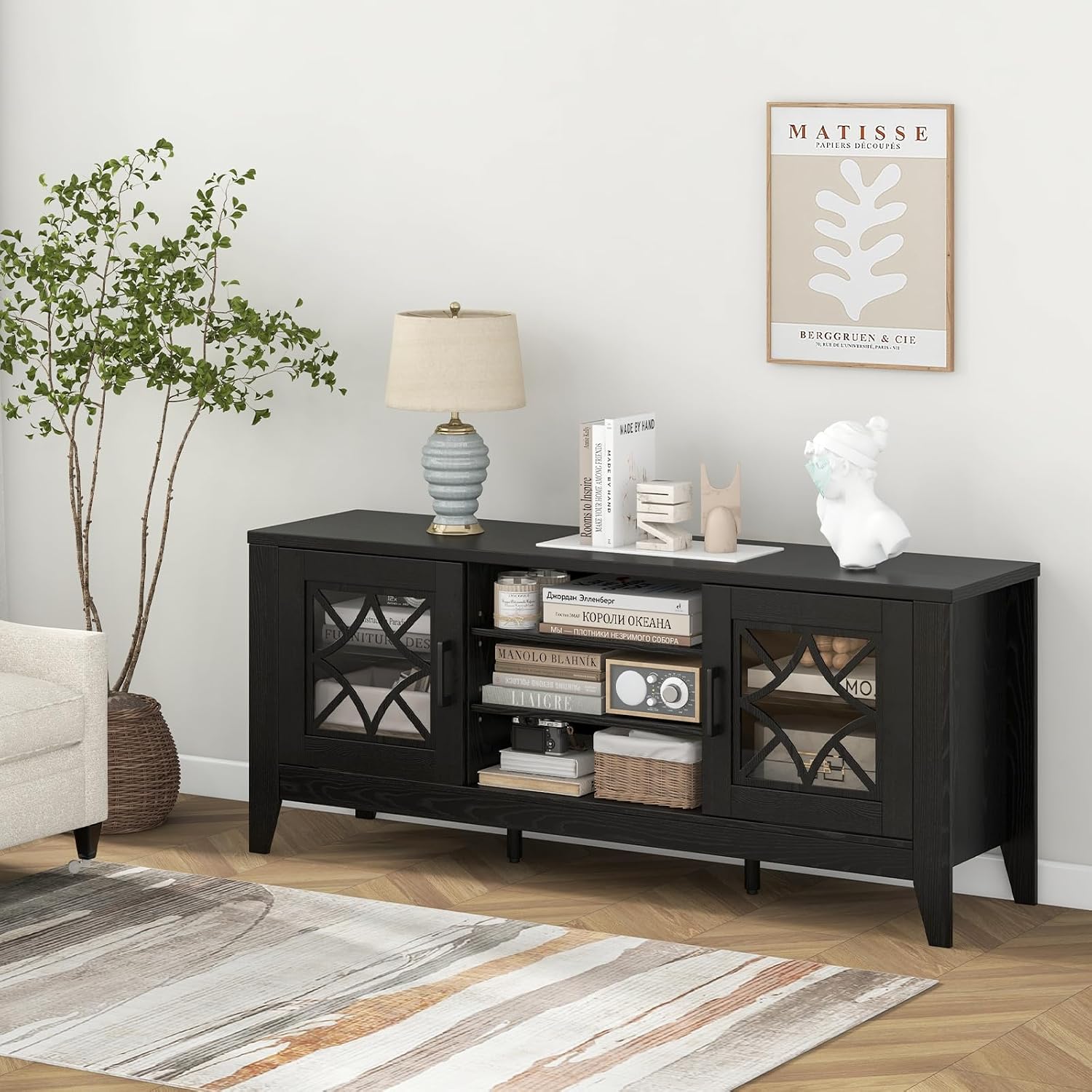 Giantex Farmhouse TV Stand for TVs up to 65', Entertainment Center with 4 Adjustable Storage Shelves & Tempered Glass Doors, Modern TV Console Table for Bedroom, Living Room