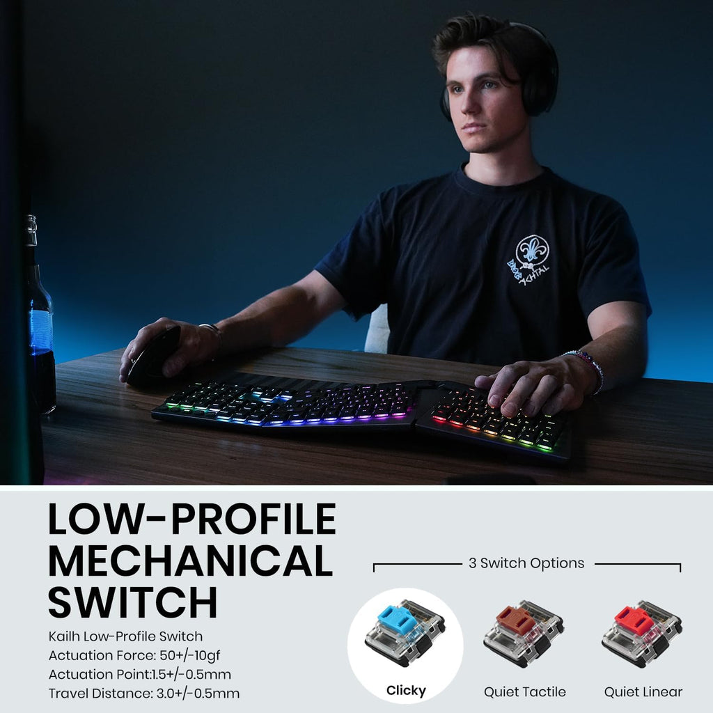 Perixx PERIBOARD-835BR Wireless Ergonomic Mechanical Keyboard - RGB Backlit - Low-Profile Brown Tactile Switches - Multi-Device Connection - Compatible with Windows and Mac OS X - US English