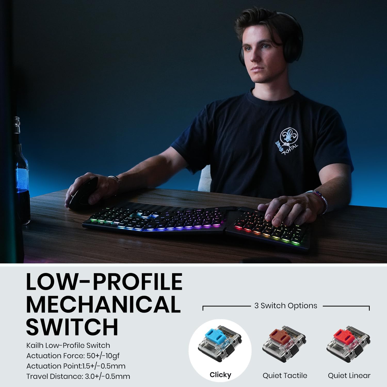 Perixx PERIBOARD-835BR Wireless Ergonomic Mechanical Keyboard - RGB Backlit - Low-Profile Brown Tactile Switches - Multi-Device Connection - Compatible with Windows and Mac OS X - US English